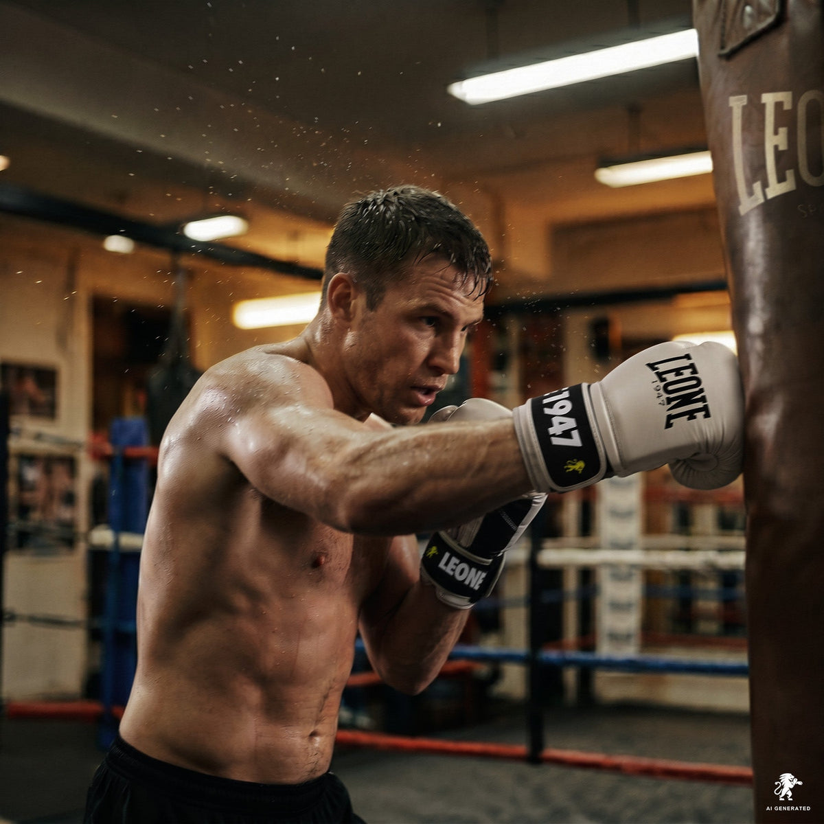 Allenamento al sacco da boxe con attrezzatura Leone 1947